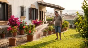 hombre regando en una mañana de agosto