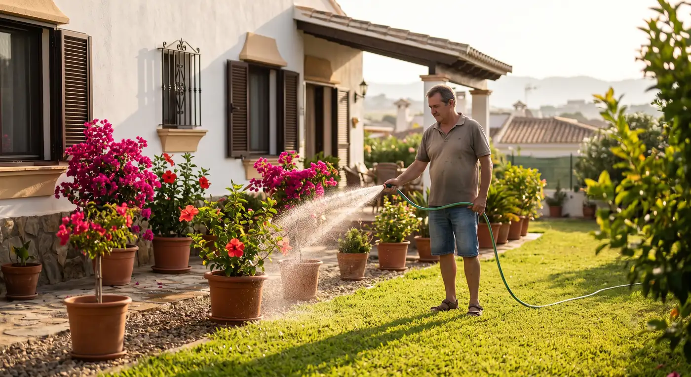 hombre regando en una mañana de agosto
